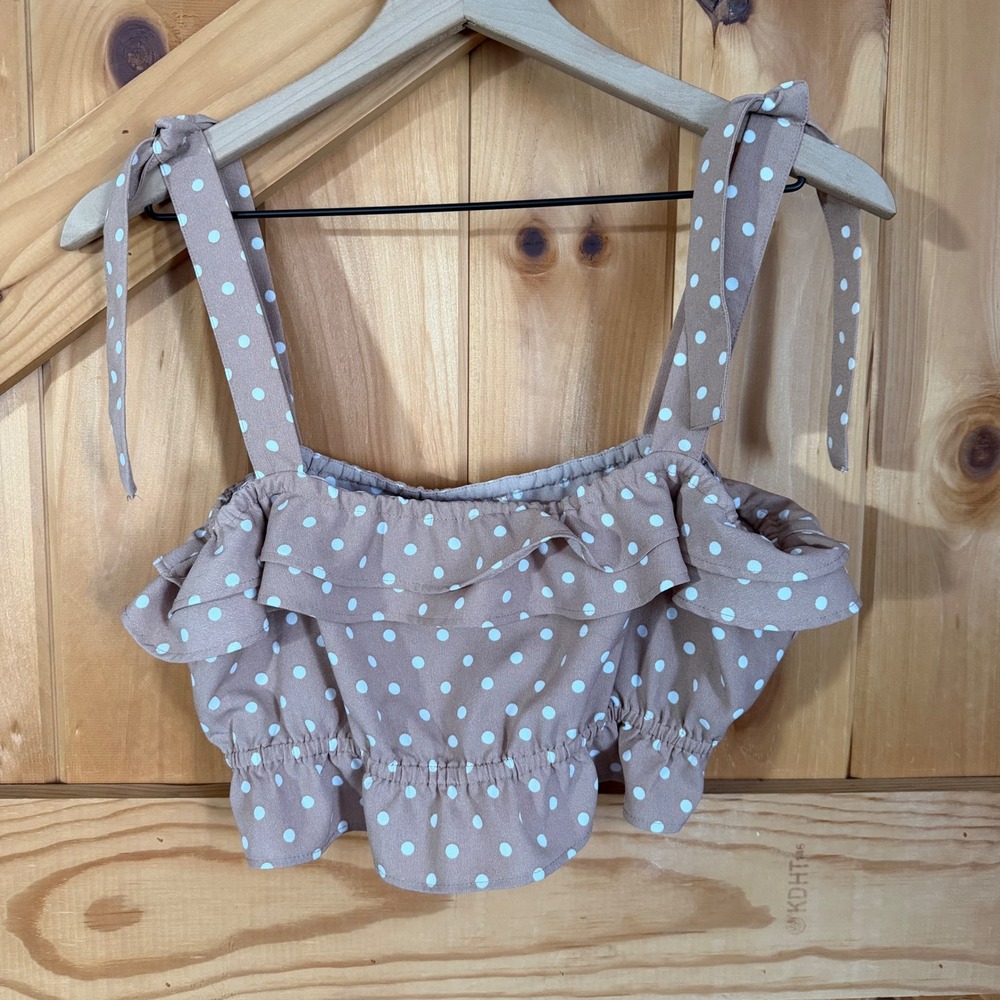 H&M Divided Crop Top Tan Polka Dot Ruffle Tie Shoulder Retro Boho Festival Small